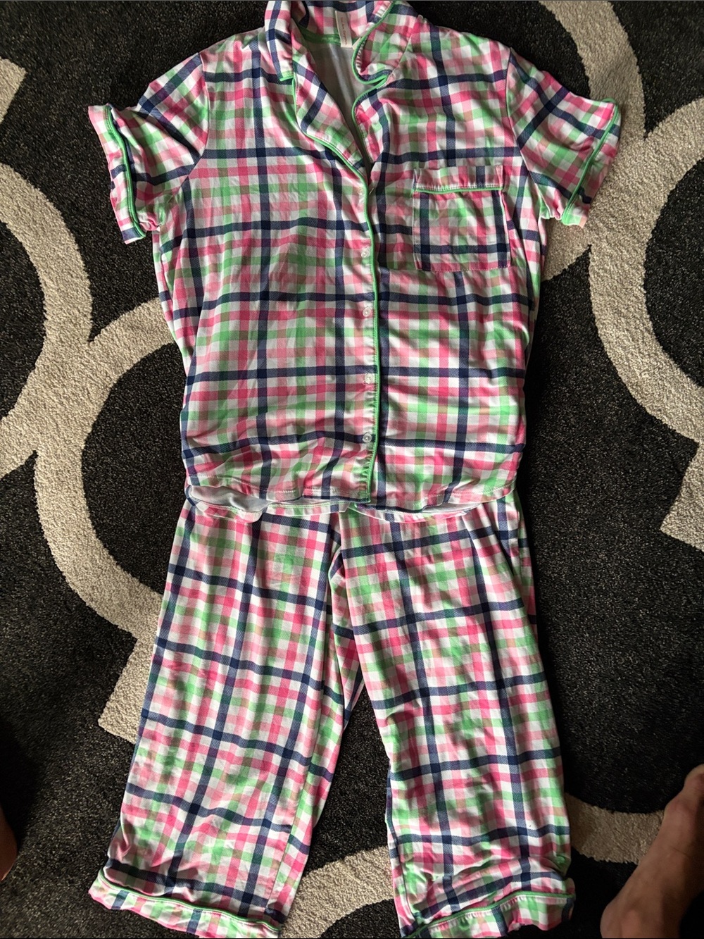 Womens Pink & Green Plaid Short-Sleeve Pajama Set